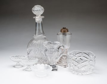 SEVEN AMERICAN AND ENGLISH GLASS ARTICLES, INCL. SANDWICH GLASS DECANTER.