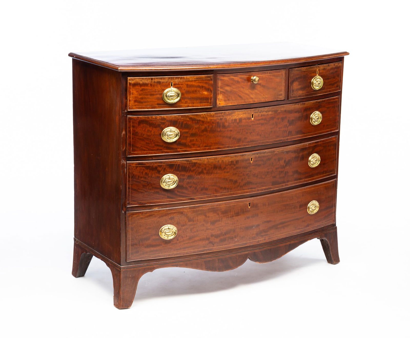 GEORGE III MAHOGANY AND STRING-INLAID SIX-DRAWER BOWFRONT CHEST. (1 of 6)