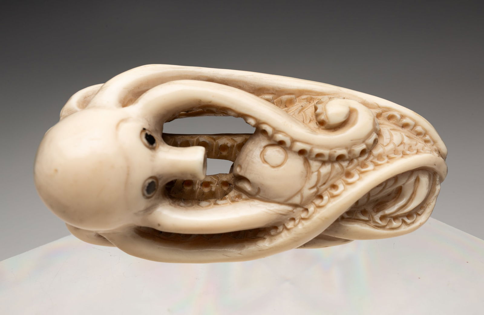 JAPANESE CARVED OKIMONO FIGURE.: Japan, Ca. 1900. Carved, incised, and colored natural material. Depicting an octopus holding a fish, signed. 0.75"h. 2.5"w.