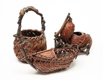 THREE JAPANESE WICKER AND BAMBOO IKEBANA BASKETS.