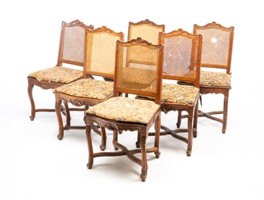 SIX LOUIS XV STYLE FRUITWOOD DINING CHAIRS.