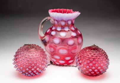 PAIR OF HOBBS BROCKUNIER CRANBERRY OPALESCENT HOBNAIL GLOBE PENDANTS AND A NORTHWOOD COIN DOT