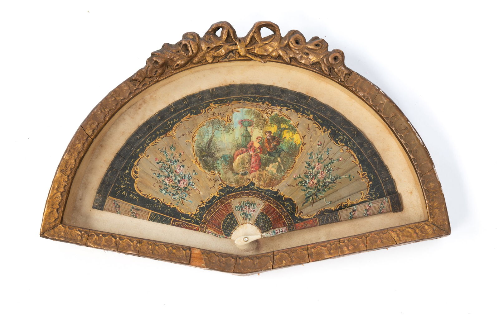 CHINESE HAND PAINTED SCENIC FAN.: 19th Century. Central garden courting scene flanked by floral bouquets and surrounded by decorative yellow flourishes on block. In a specially designed shadowbox frame. 9.25"h. 14.75"w.