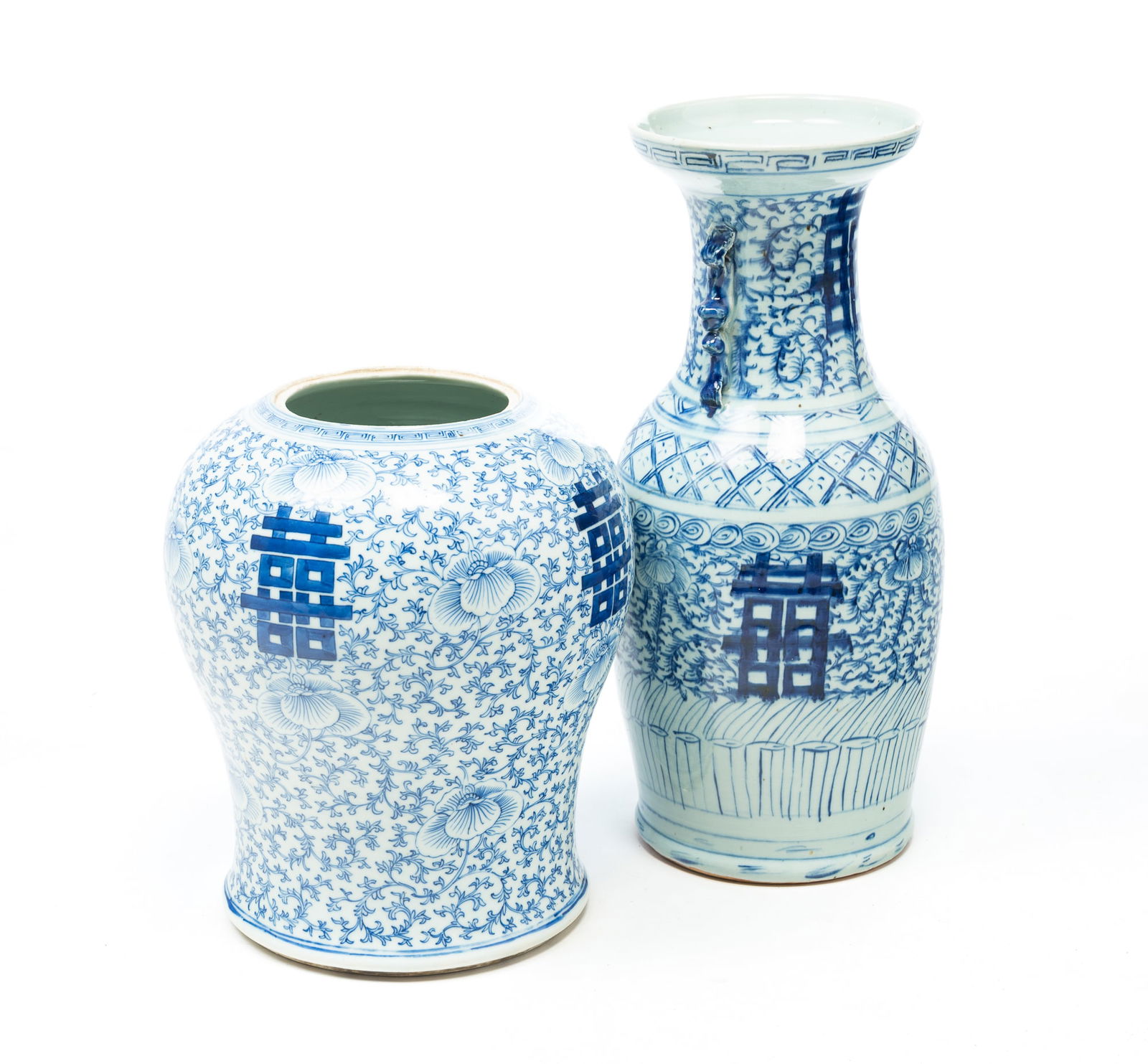 CHINESE BLUE AND WHITE PORCELAIN "DOUBLE HAPPINESS" VASE AND JAR.: 19th Century. Baluster-form vase with flared top rim and long neck with applied foo dog handles, decorated with scrolling flowers, geometric patterns, and the Double Happiness symbol, 17.5"h.