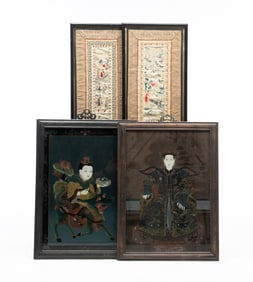 FOUR ASIAN FRAMED ITEMS, INCL. REVERSE-PAINTED PANELS.