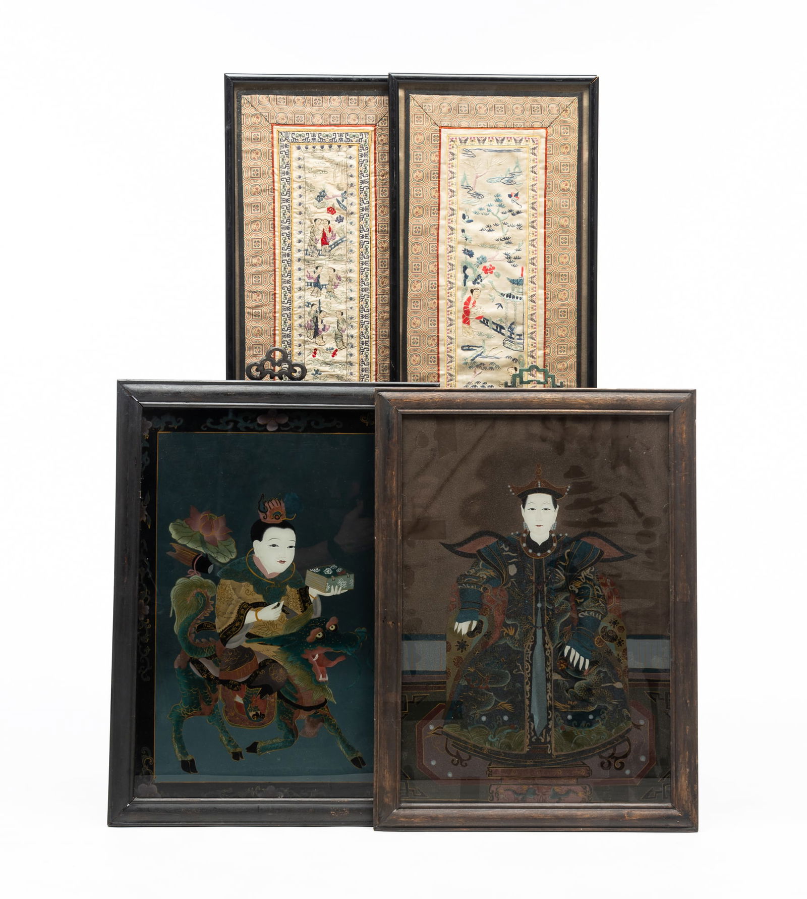 FOUR ASIAN FRAMED ITEMS, INCL. REVERSE-PAINTED PANELS. (1 of 6)
