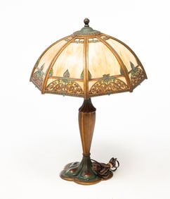 AMERICAN TABLE LAMP WITH PANELED SLAG GLASS SHADE.