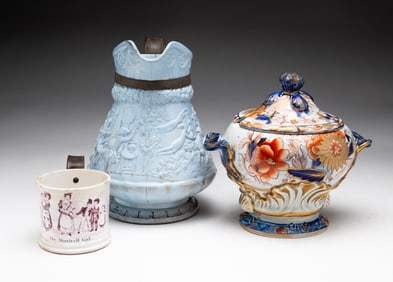 THREE CERAMIC "MAKE-DO" MENDED VESSELS, INCL. STAFFORDSHIRE RELIEF PITCHER.