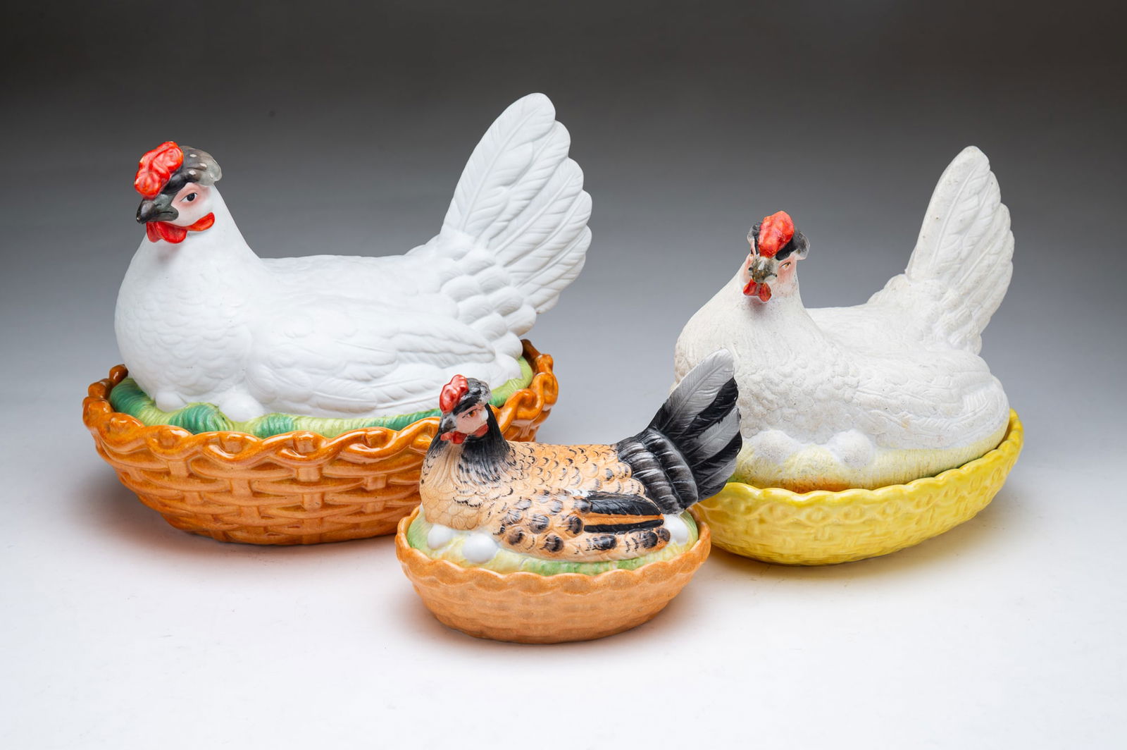 THREE STAFFORDSHIRE HEN-ON-NEST COVERED DISHES. (1 of 8)