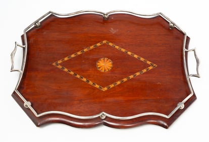 ENGLISH INLAID TRAY WITH SILVER PLATED GALLERY.