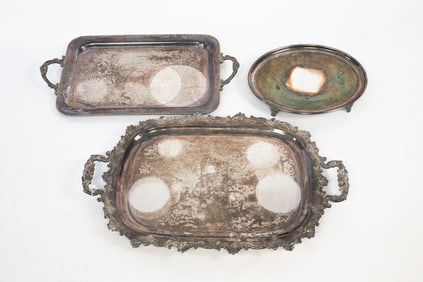 THREE SILVER PLATED TRAYS, INCL. SHEFFIELD AND MARSHALL FIELDS & CO.