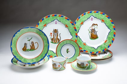 LYNN CHASE "TIGER RAJ" PORCELAIN PLACE SETTING FOR TWO.