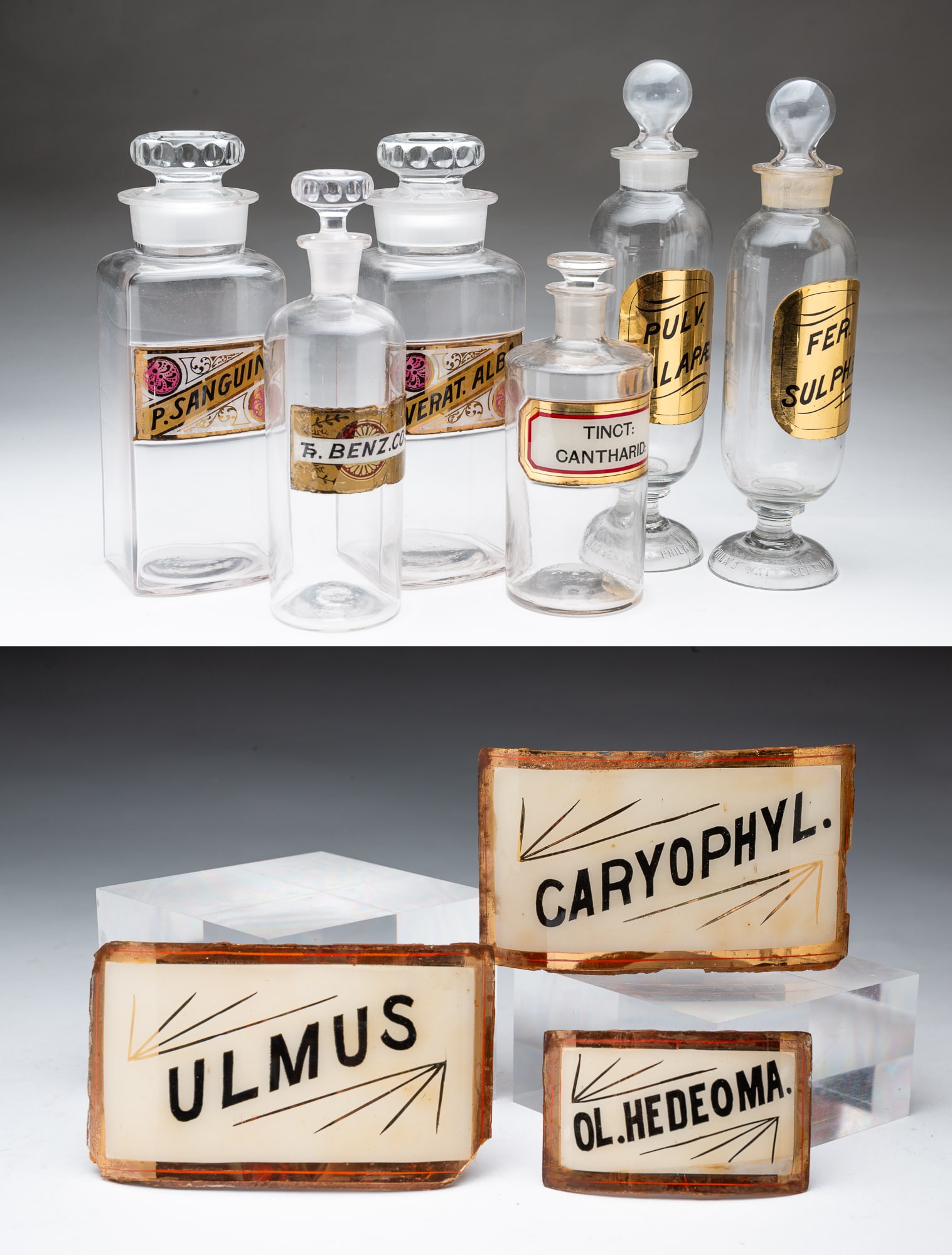 SIX AMERICAN LABELED GLASS APOTHECARY JARS AND THREE VELLUMOID LABELS. (1 of 10)