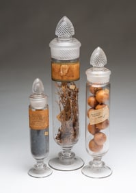 THREE AMERICAN CANDY STORE FOOTED JARS.