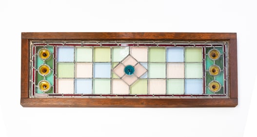 AMERICAN LEADED AND STAINED GLASS TRANSOM WINDOW.