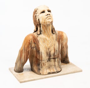 WOODROW NASH (AMERICAN, B. 1948) PAINTED CERAMIC AND MIXED MEDIA BUST ON MARBLE BASE.