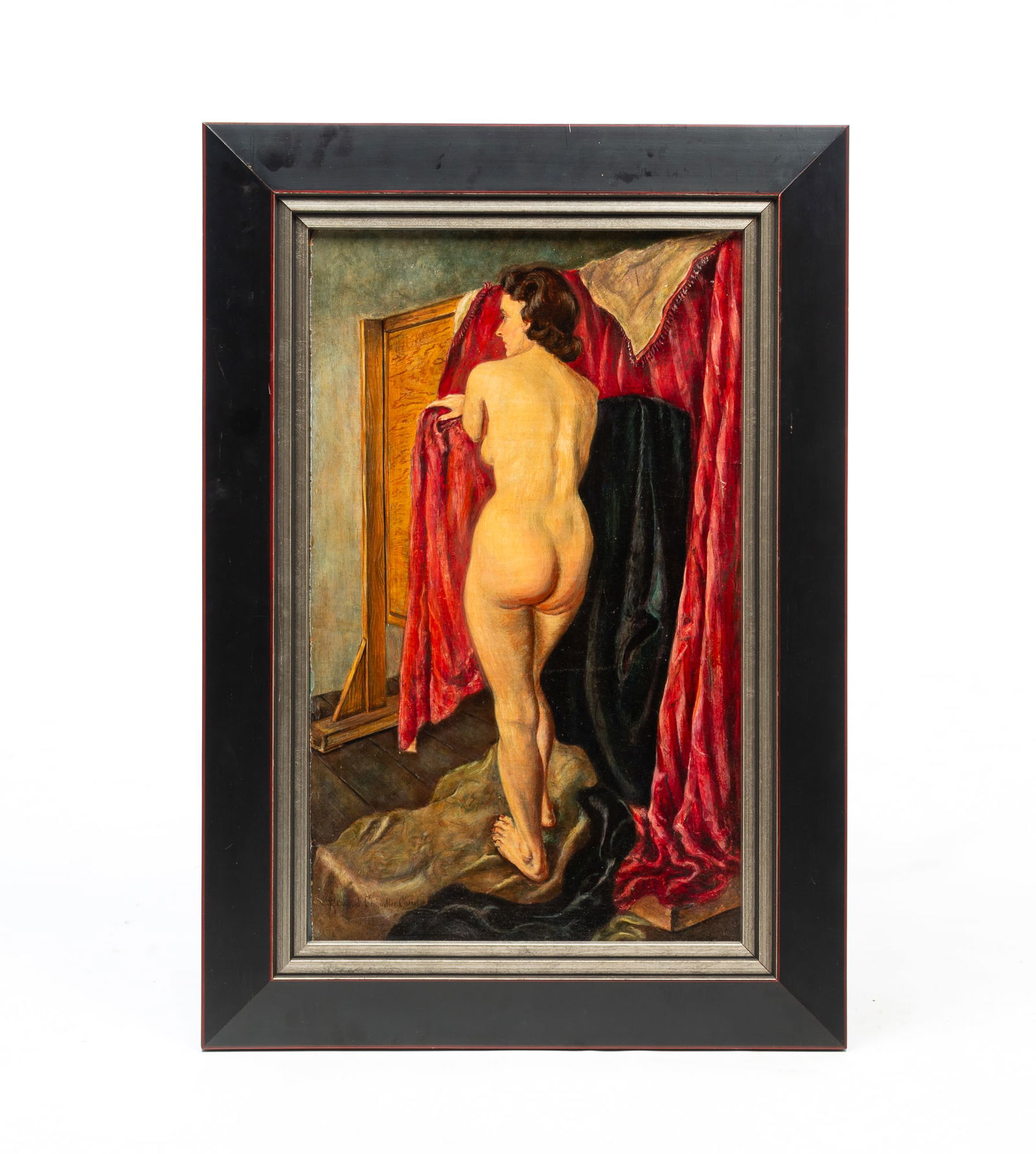 AMERICAN SCHOOL OIL ON BOARD PORTRAIT OF FEMALE NUDE.: First half 20th Century. Depicting the backside of a nude woman posing in an interior in front of drapery, in a modern painted wood frame. Signed "Howard Chandler Christy" at lower left, but