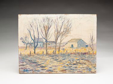 EMERSON BURKHART (OHIO, 1905-1969) "THE FARM" OIL ON WOOD PANEL.