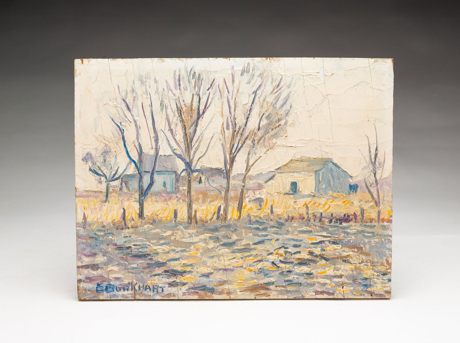 EMERSON BURKHART (OHIO, 1905-1969) "THE FARM" OIL ON WOOD PANEL. (1 of 4)