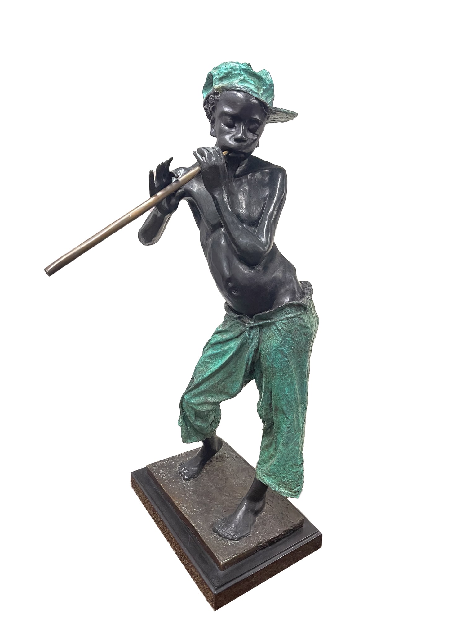 SIDNEY BECK (SOUTH AFRICAN, B. 1936) "PENNY WHISTLER" PAINTED BRONZE STATUE. (1 of 4)