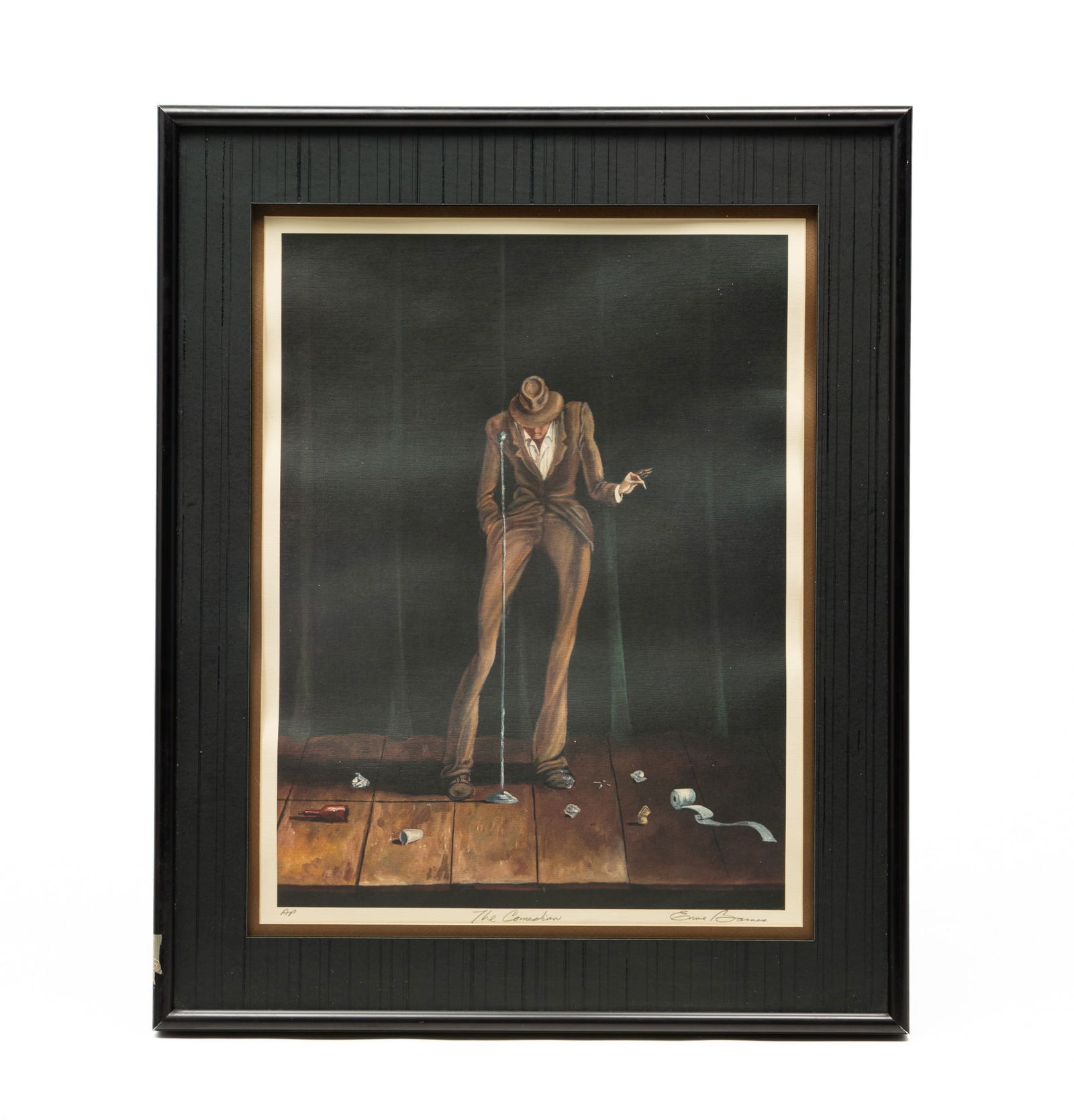 ERNIE BARNES (AMERICAN, 1938-2009) "THE COMEDIAN" LITHOGRAPH IN COLORS ON PAPER.: 1978. Depicting a man in a suit on stage, smoking a cigarette, with a microphone and scattered debris on a wooden floor with a dark curtain background, inscribed "A/P" at lower left, "The Comedian" lo