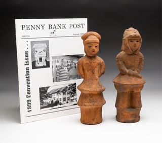 TWO JAPANESE EARTHENWARE HANIWA FIGURES WITH ISSUE OF "PENNY BANK POST".