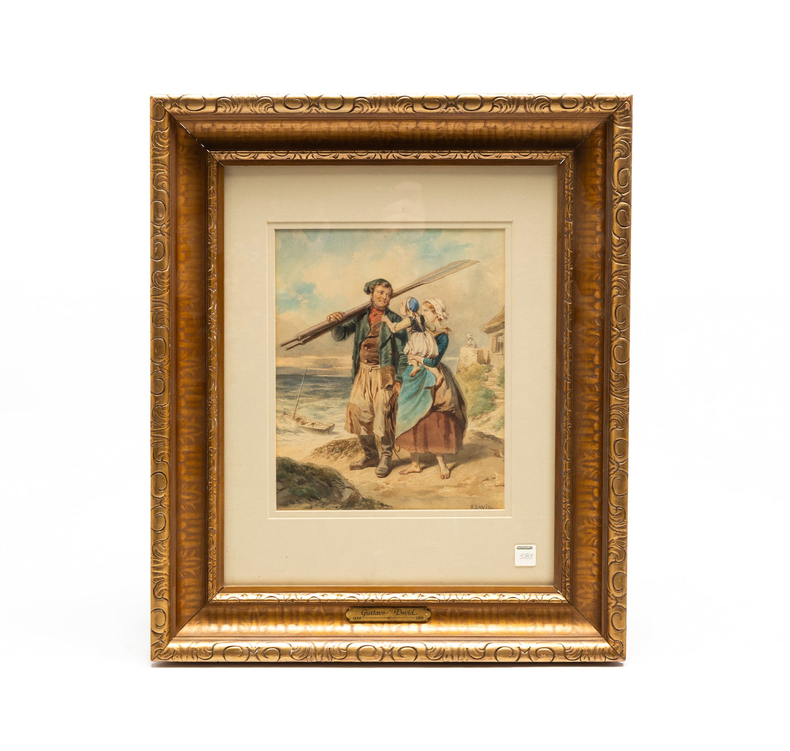 GUSTAVE DAVID (FRENCH, 1824-1891) WATERCOLOR OF SAILOR'S FAREWELL.: Second half 19th Century. On paper. A sailor with oars on his shoulder bidding farewell to his wife and daughter. Signed lower right. Framed, 19.75"h. 16.5"w.
