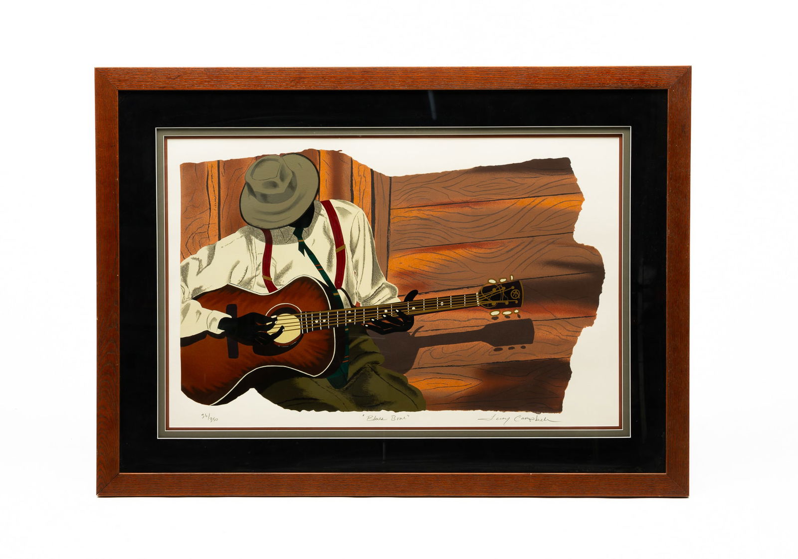 LEROY CAMPBELL (AMERICAN, B. 1956) "BLUES BONE" SERIGRAPH ON PAPER.: Ca. 2000. Depicting a seated guitarist wearing a hat and suspenders with a textured wooden background, numbered "36/350," titled "Blues Bone," and signed "Leroy Campbell" in pencil at bottom, triple-m