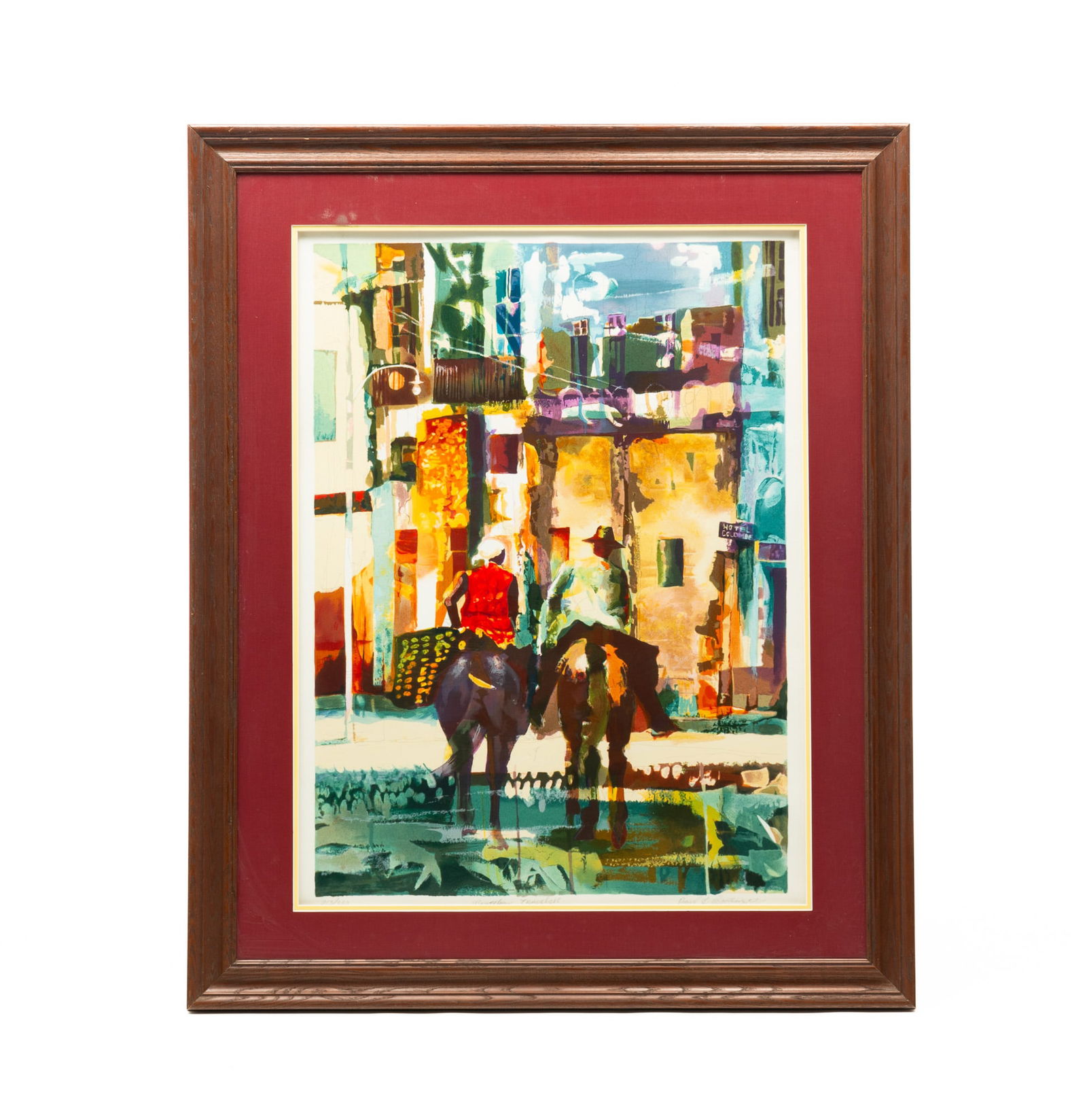 PAUL GOODNIGHT (AMERICAN, B. 1946) "BRAZILIAN TRAVELERS" SERIGRAPH ON PAPER.: Late 20th Century. Depicting a colorful street scene with two figures on horseback, numbered 213/300, titled "Brazilian Travelers," and signed "Paul T. Goodnight" in pencil at bottom, double-matted in