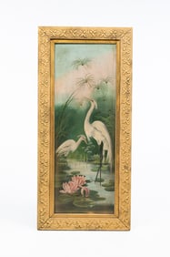 AMERICAN SCHOOL OIL ON CANVAS OF WATER SCENE WITH EGRETS.
