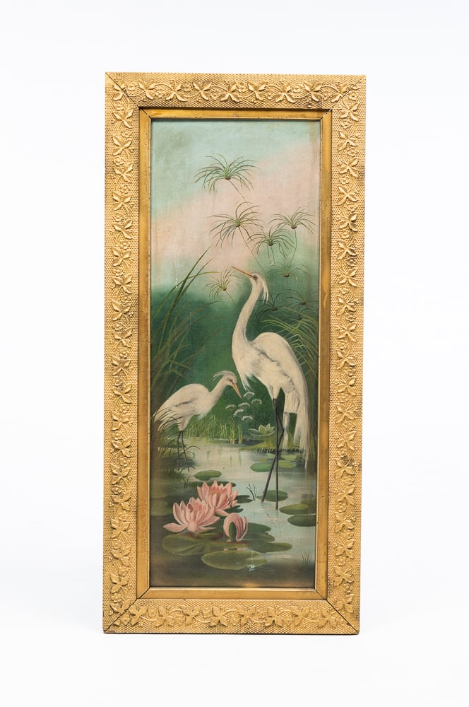 AMERICAN SCHOOL OIL ON CANVAS OF WATER SCENE WITH EGRETS. (1 of 4)