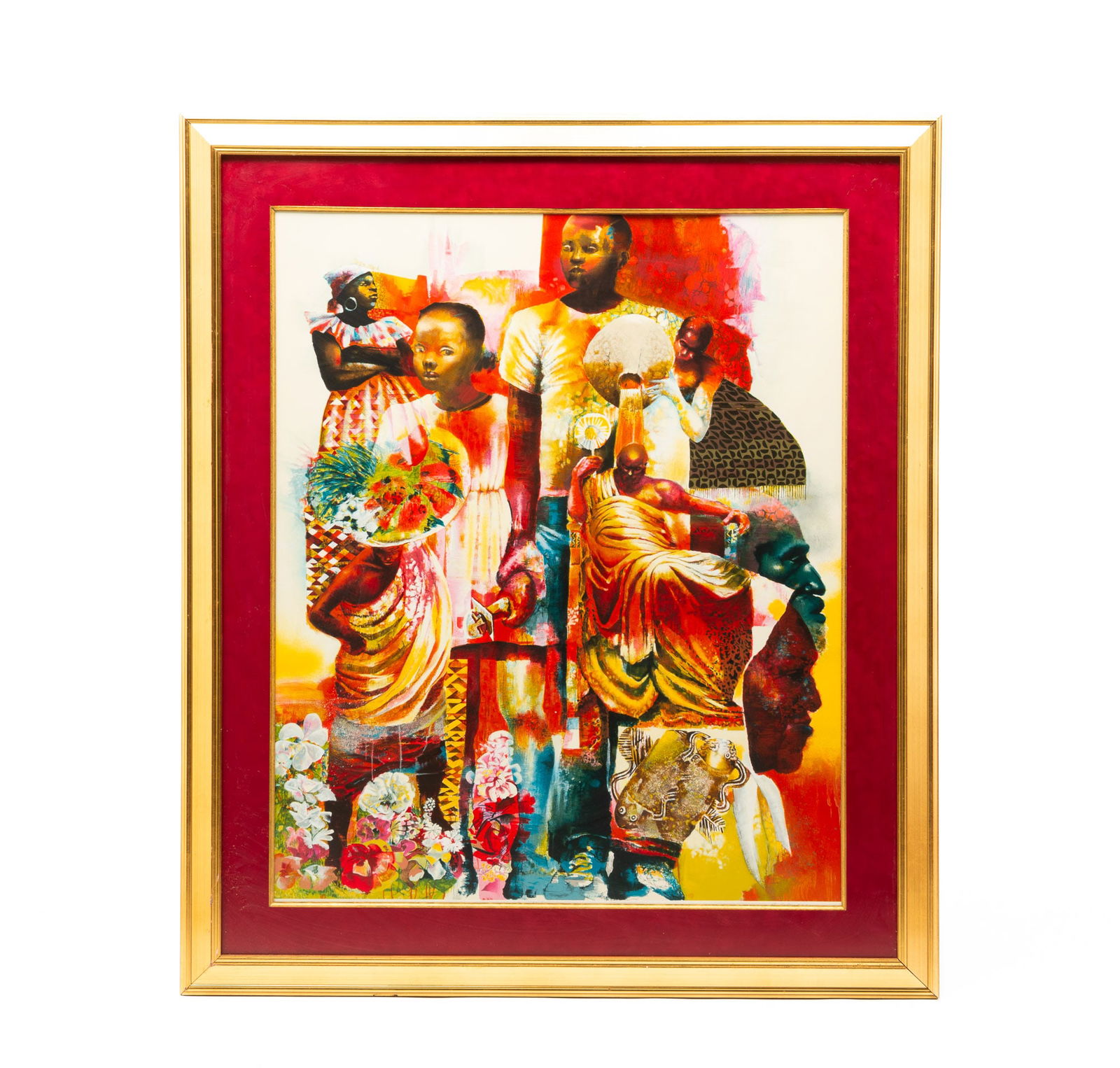 PAUL GOODNIGHT (AMERICAN, B. 1946) "NEW BEING NATION" SERIGRAPH ON PAPER.: 2000. Published by The Valley, Inc. Vibrant composition with layered imagery of women in traditional outfits, children, profiles of men's faces, men in robes, and floral elements, numbered 104/250, ti