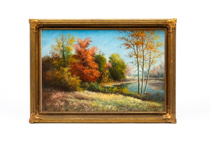 G.A. MILLER (INDIANA) OIL ON BOARD OF AUTUMN LANDSCAPE.