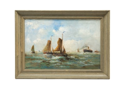 JULES MONNICKENDAM (DUTCH, 1874-1943) OIL ON CANVAS SEASCAPE WITH BOATS.