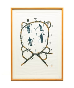 JAMASIE TEEVEE (INUIT, 1910-1985) "FISH WEIR AT TARIUGAJUK" STONECUT, DATED 1975.