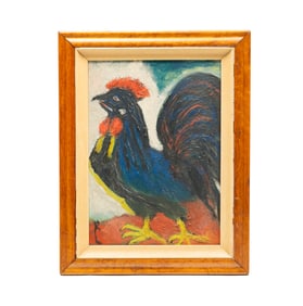 AMERICAN SCHOOL FOLK ART ACRYLIC ON CANVAS BOARD OF A ROOSTER.
