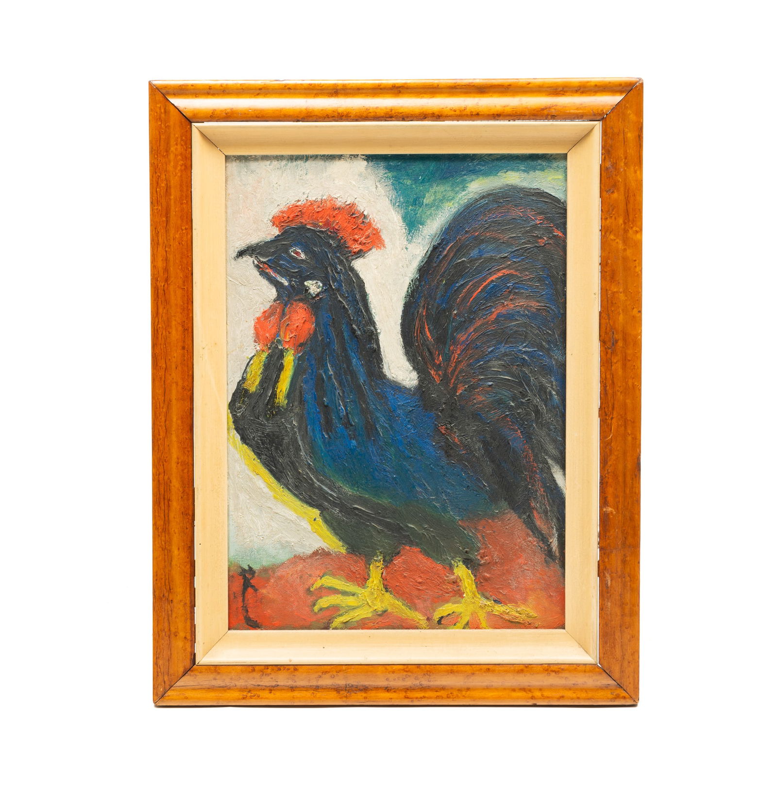 AMERICAN SCHOOL FOLK ART ACRYLIC ON CANVAS BOARD OF A ROOSTER. (1 of 4)