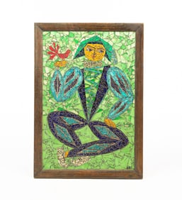 GLASS MOSAIC OF A COURT JESTER WITH BIRD.