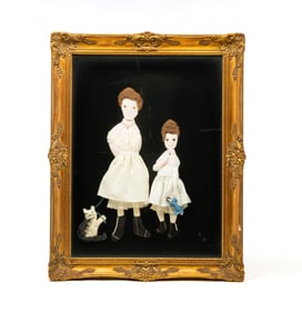 RUTH WOTRING (AMERICAN, 20TH CENTURY) LARGE FOLK ART FABRIC PORTRAIT OF TWO SISTERS AND CAT, DATED