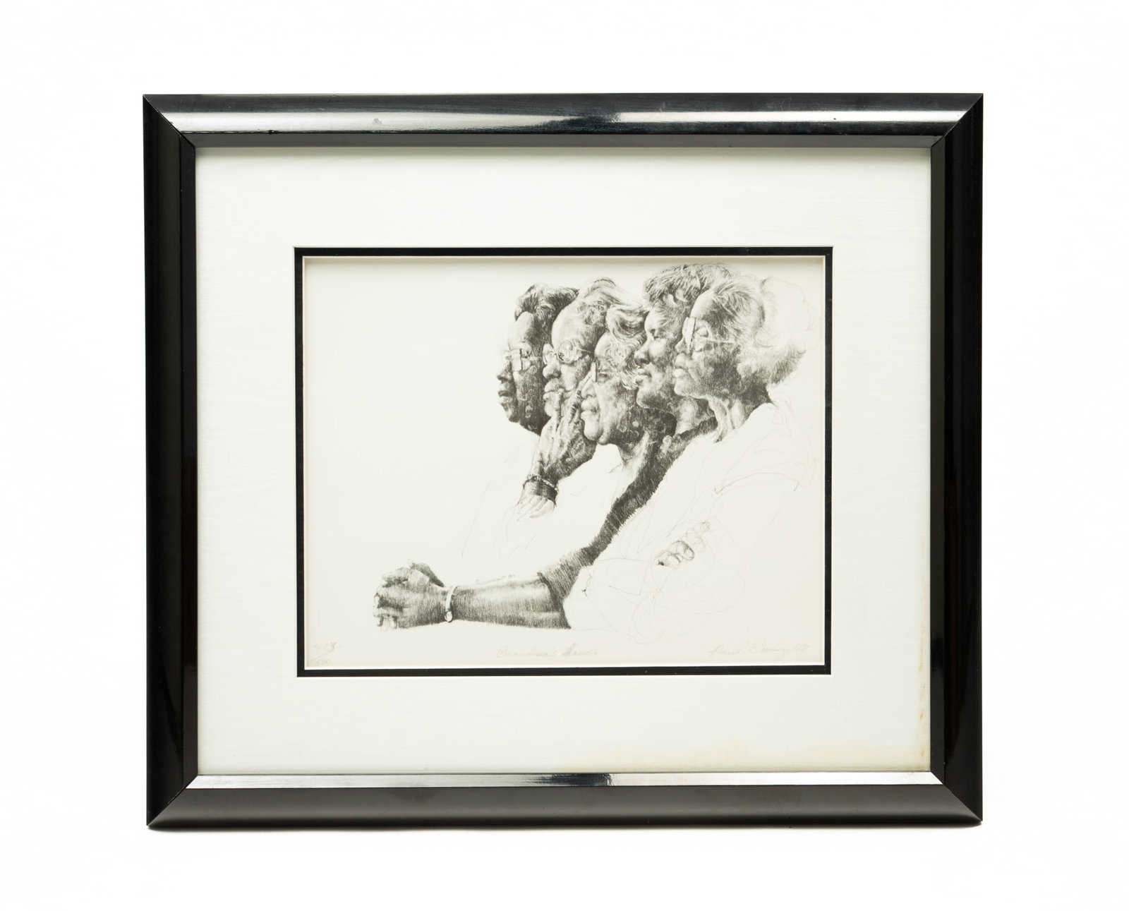 PAUL GOODNIGHT (AMERICAN, B. 1946) "GRANDMA'S HANDS" STONE LITHOGRAPH ON PAPER.: 1984. Depicting five profile views of women, one with arms outstretched and hands folded, inscribed 493/500 at lower left, "Grandma's Hands" at lower middle, and signed "Paul Goodnight" at lower right