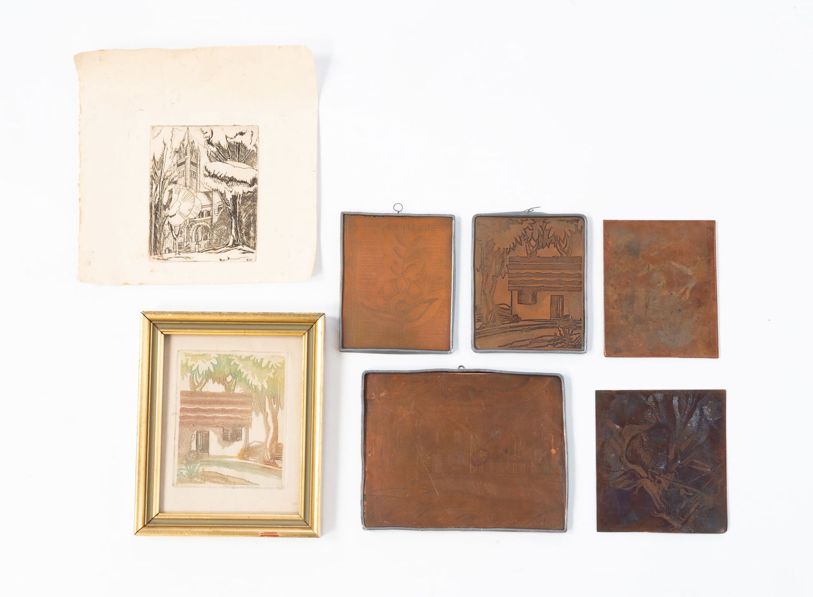 FLORENCE ZIMMERMAN (OHIO, 20TH CENTURY) FIVE COPPER ETCHING PLATES AND THREE PRINTS. (1 of 5)
