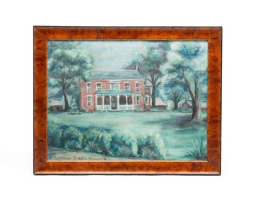 CYNTHIA RUPE KNOCK (AMERICAN, 20TH CENTURY) PASTEL ON PAPER OF VIEW OF A HOMESTEAD.