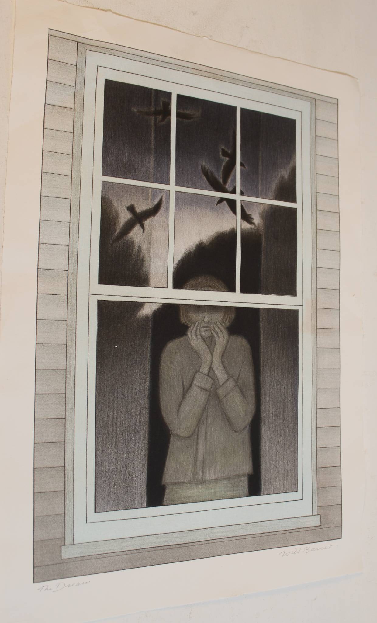 WILL BARNET (AMERICAN, 1911-2012) “THE DREAM?? COLOR LITHOGRAPH ON PAPER, DATED 2002.: Depicting a figure framed by a window with birds in flight. Titled and signed in pencil at bottom margin. Published by The Print Club of Cleveland in 2003 and printed on Somerset Velvet white paper by