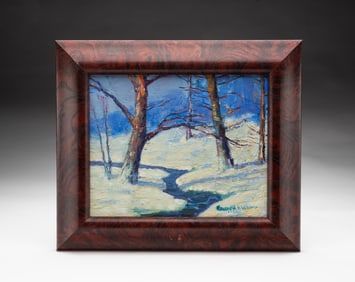 REGINALD A. WILLIAMS (AMERICAN, ACTIVE 20TH CENTURY) OIL ON BOARD OF SNOWY LANDSCAPE, DATED 1984.