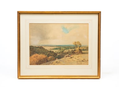 SIR ALFRED EAST (ENGLISH, 1849-1913) WATERCOLOR OF LANDSCAPE WITH FIGURES.