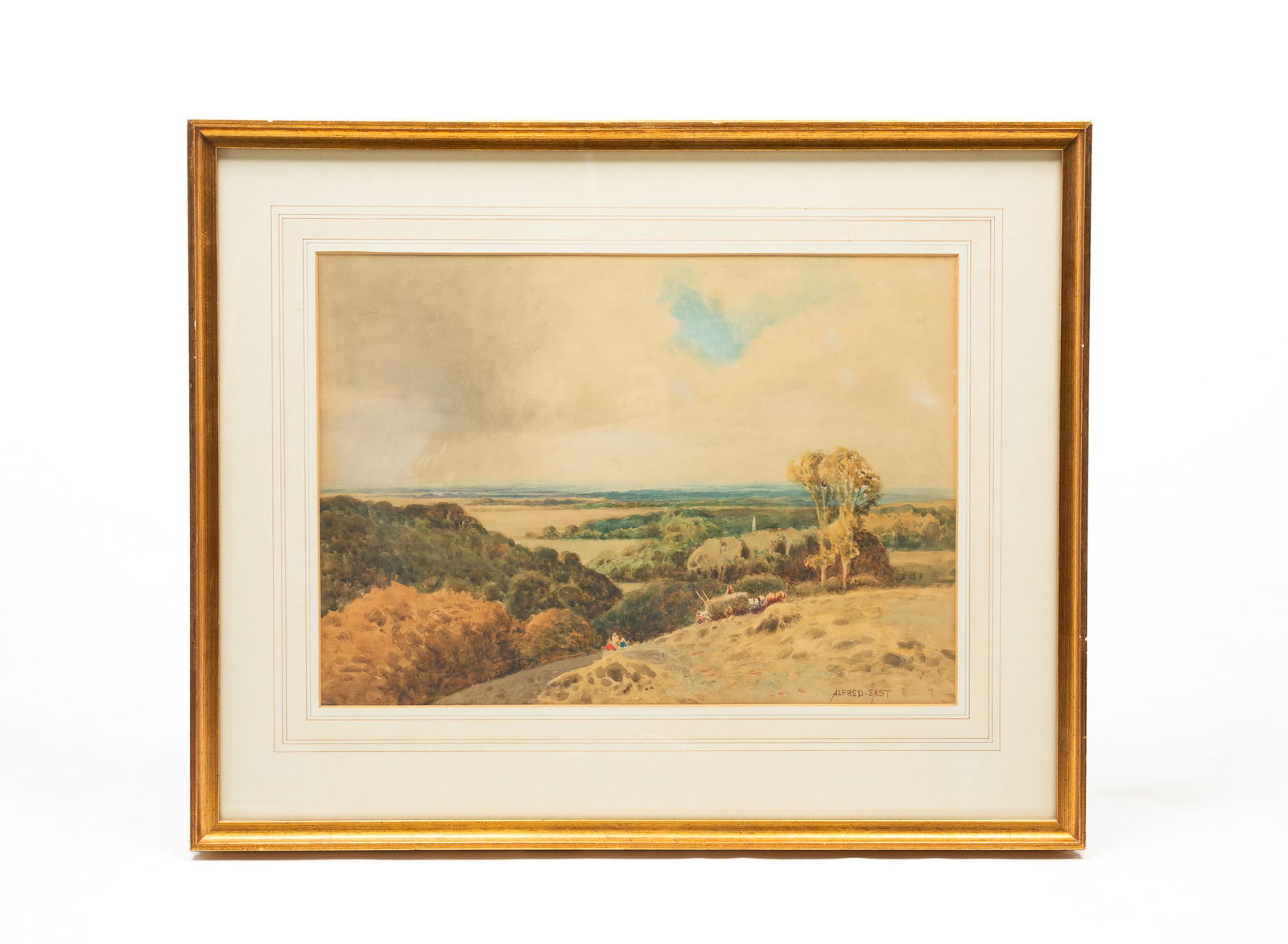 SIR ALFRED EAST (ENGLISH, 1849-1913) WATERCOLOR OF LANDSCAPE WITH FIGURES. (1 of 4)