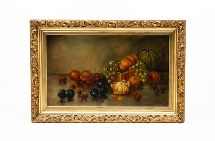T. STEWART (AMERICAN) OIL ON CANVAS OF FRUIT STILL LIFE, DATED 1896.