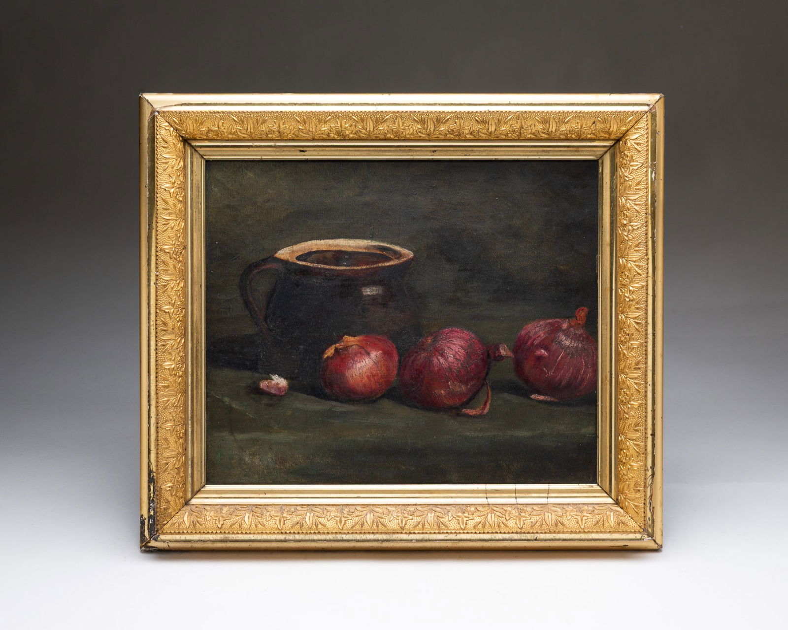 AMERICAN SCHOOL OIL ON CANVAS STILL LIFE OF RED ONIONS AND CROCK. (1 of 5)