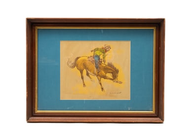 HAROLD EDWARD WEST (AMERICAN, 1902-1968) WATERCOLOR OF COWBOY ON BUCKING BRONCO.