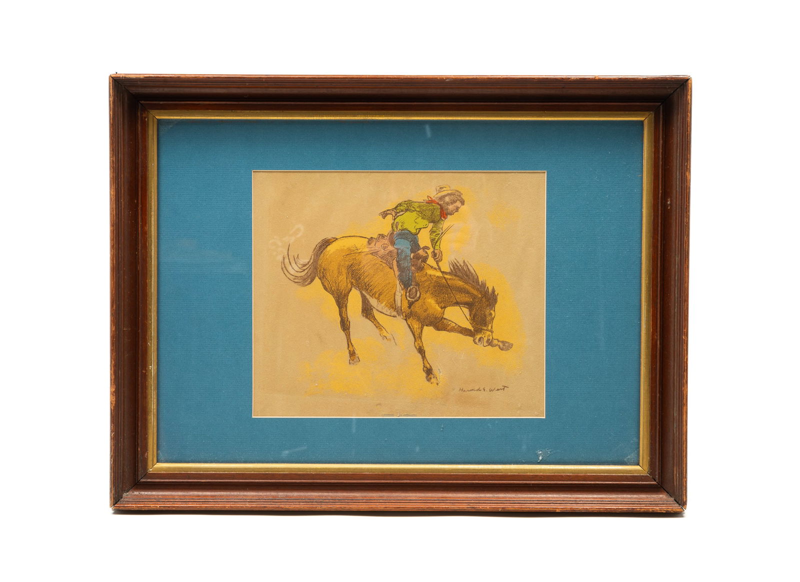 HAROLD EDWARD WEST (AMERICAN, 1902-1968) WATERCOLOR OF COWBOY ON BUCKING BRONCO. (1 of 4)